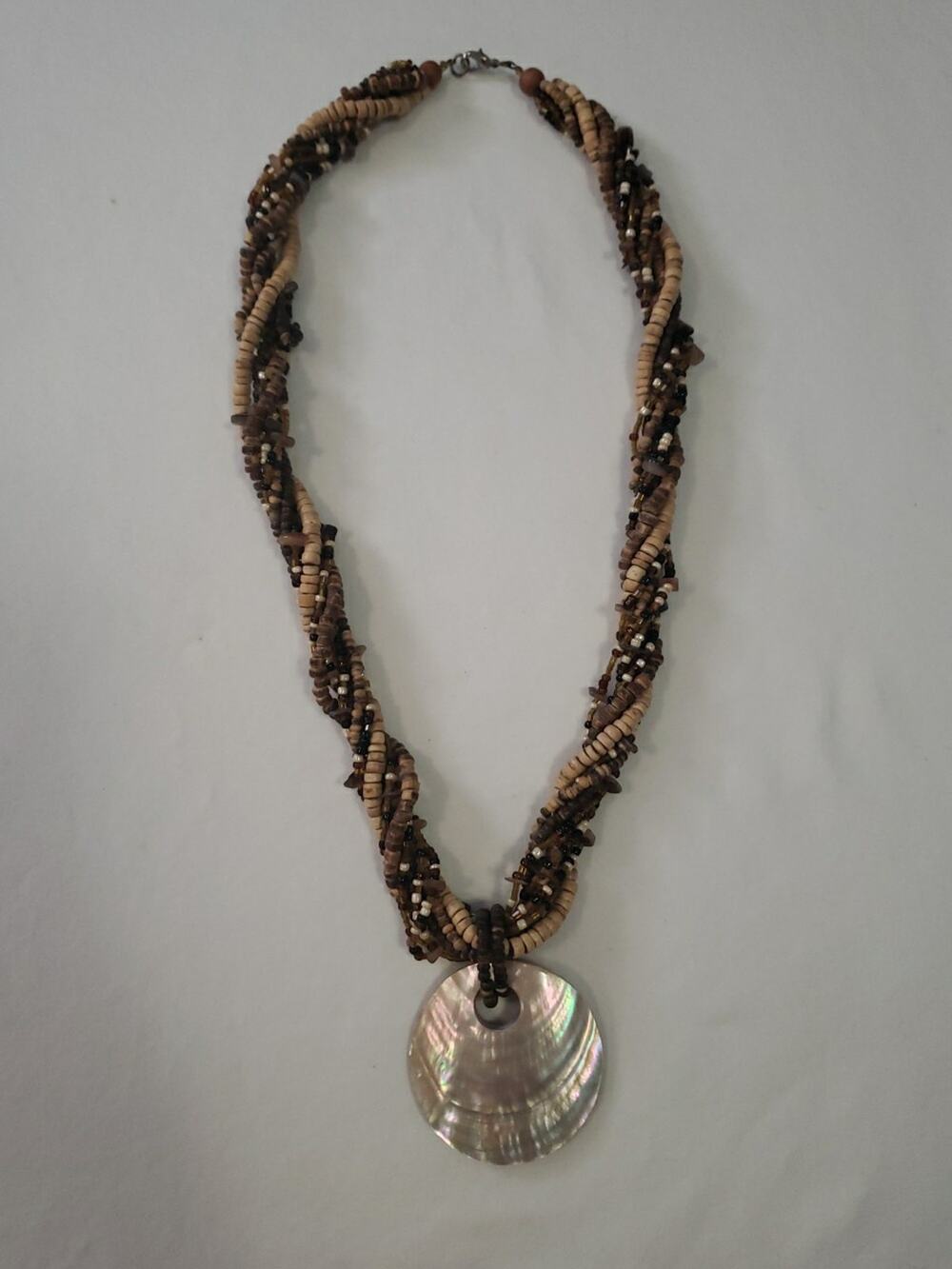 Chunky Boho Necklace Iridescent Mother Of Pearl Pendant Wooden Beads Agate Chips